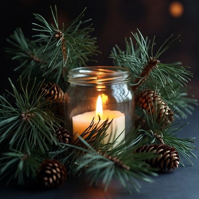 Candle with pines and cones