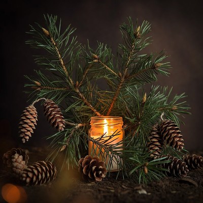 Candle and pine branches with cones
