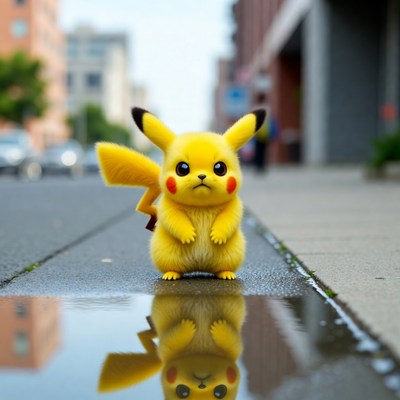Pikachu stands in city street