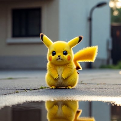 Pikachu beside a puddle at sunset