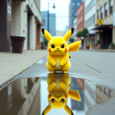 Pikachu reflects in city puddle
