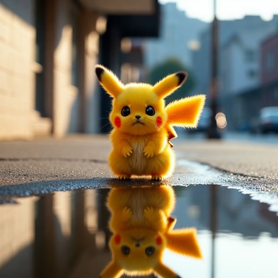 Pikachu toy by a street puddle