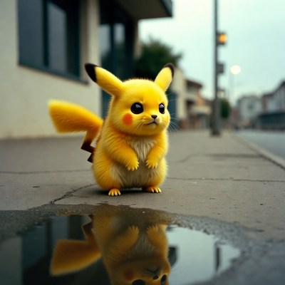 Pikachu stands by puddle on street