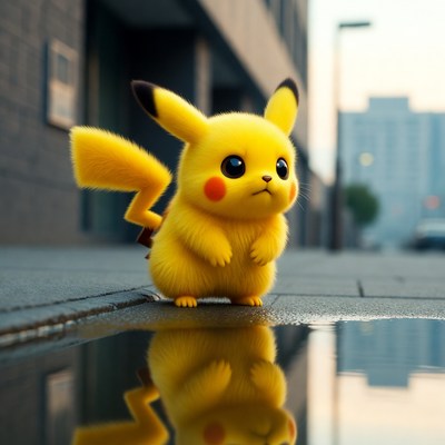Pikachu standing by a puddle