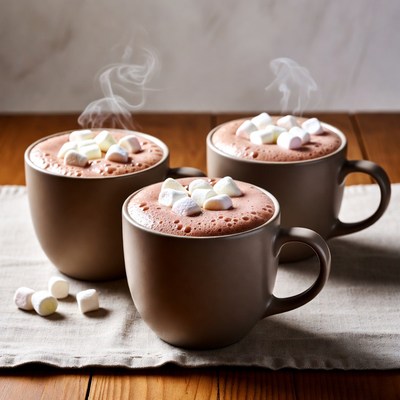 Warm drinks with marshmallows on wooden table