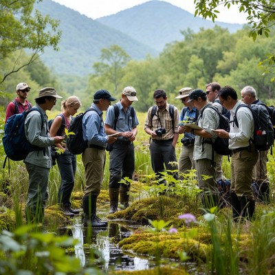 Group studies plants in wetland area