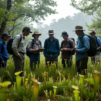 Group studies plants in forest