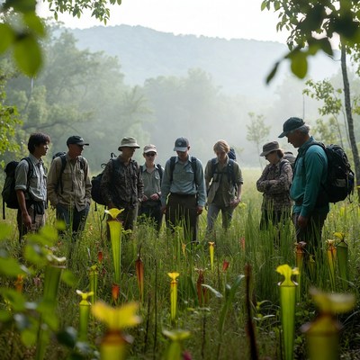 Group studies plants in wetland habitat