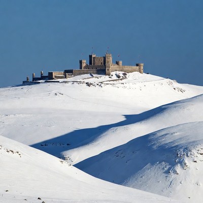 Castle on snowy hilltop under blue sky