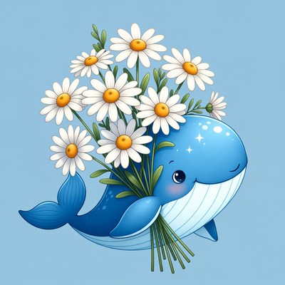 Whale carrying flowers in blue background