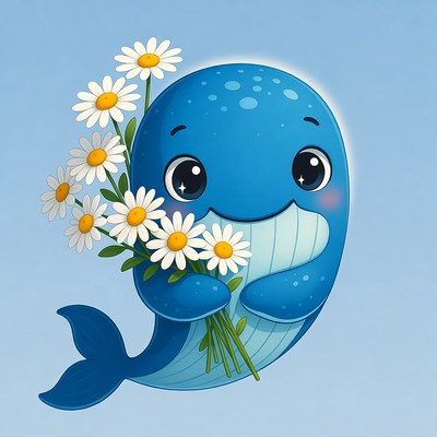 Blue whale holds flowers in ocean