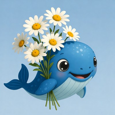 Cute whale holding flowers in water