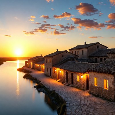 Sunset over stone village by water