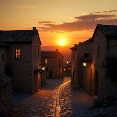 Sunset over stone village street