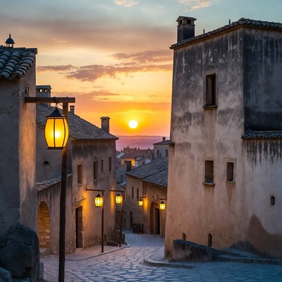 Sunset in a quiet village street