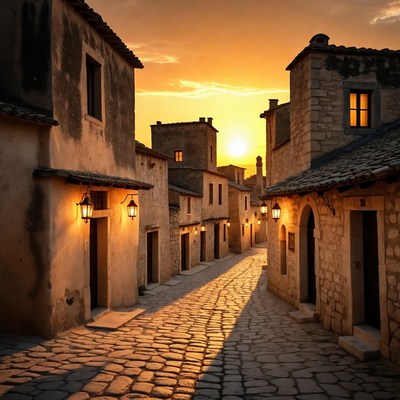 Cobblestone street at sunset in village