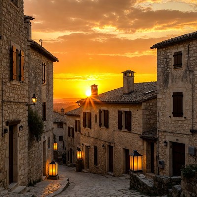 Sunset over historic village street