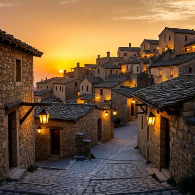 Village at sunset with lights
