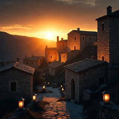 Sunset over an old village at dusk