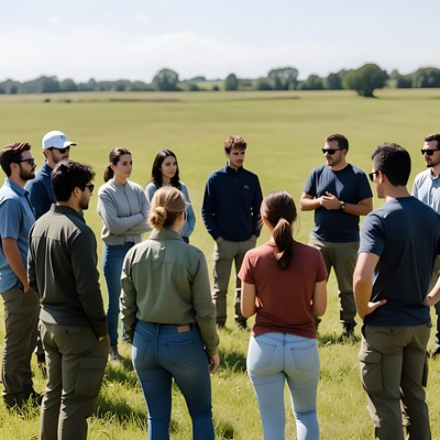Group gathers on sunny field