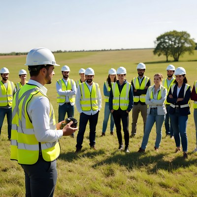 Construction team meeting outdoors on field