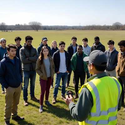 Group listens to instructor outside