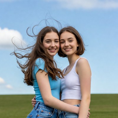 Two smiling girls hugging outdoors