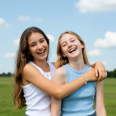 Girls laughing in sunny field