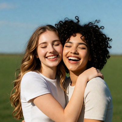 Friends share joy outdoors under blue sky