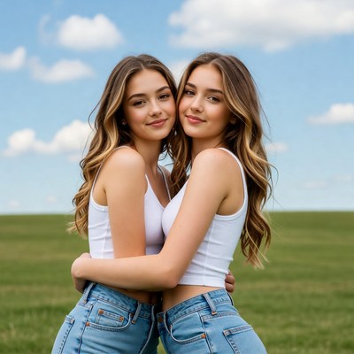 Twins posing outdoors in the day