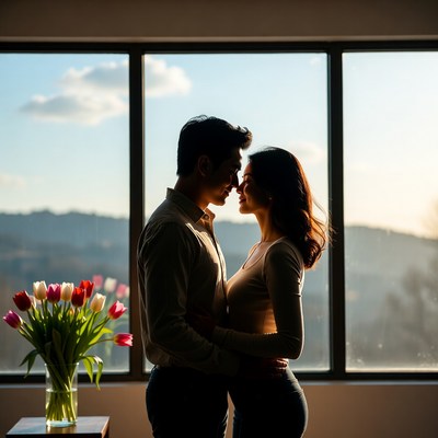 Couple embrace in front of window