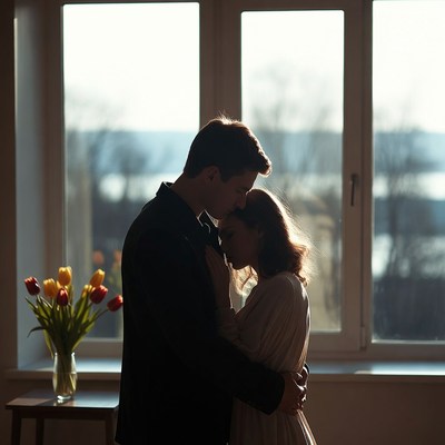 Couple embraces near window indoor