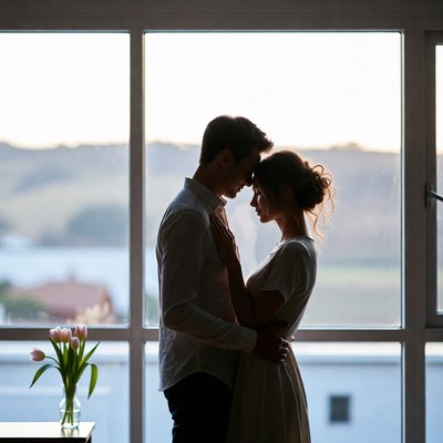 Couple embracing near window indoor