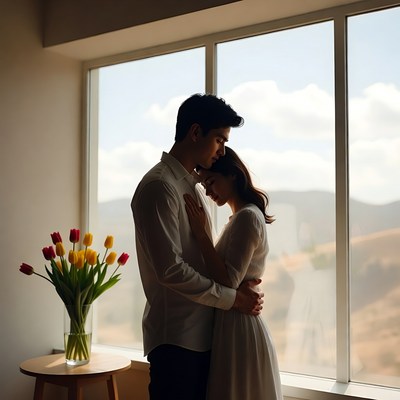 Couple embracing by window at home