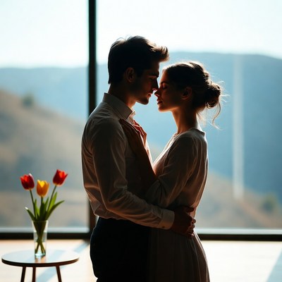 Lovers embrace near window