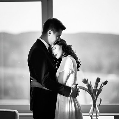 Couple embraces in bright room