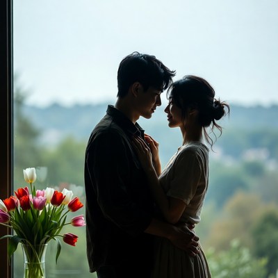 Couple hugging near window at home