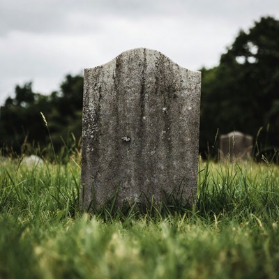 Tombstone in graveyard surrounded by grass