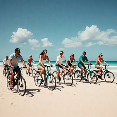 Group cycling on sunny beach