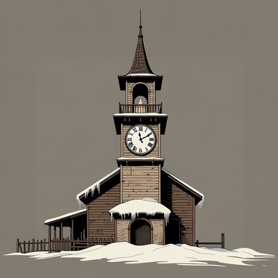 Snowy Wooden Church with Clock Tower