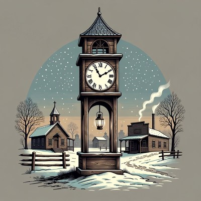 Winter Clock Tower Village Illustration