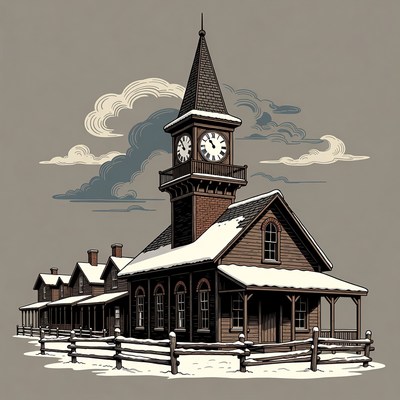 Snowy Clock Tower Train Station Illustration