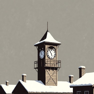 Snowy Clock Tower Over Rooftops