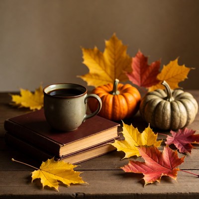 Coffee Cup with Pumpkins and Autumn Leaves