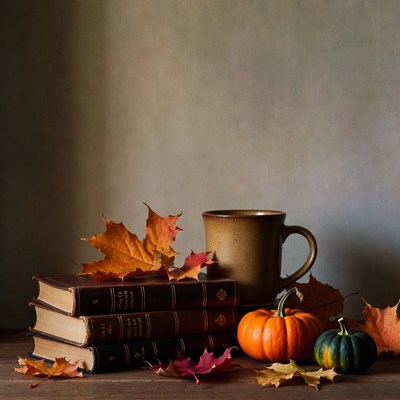 Autumn Books Pumpkin Coffee Still Life