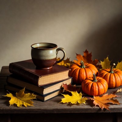 Books, Coffee Mug, and Pumpkins