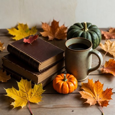 Autumn Books Coffee Pumpkins Leaves