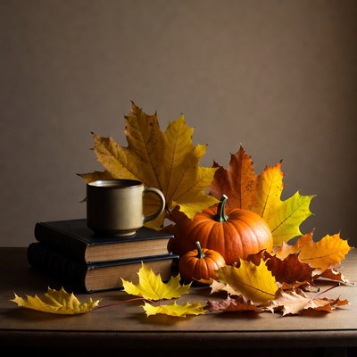 Autumn Pumpkin Coffee Books Leaves