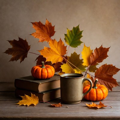 Autumn Pumpkins Leaves Books Mug