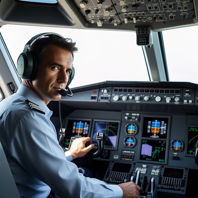 Pilot flying airplane cockpit
